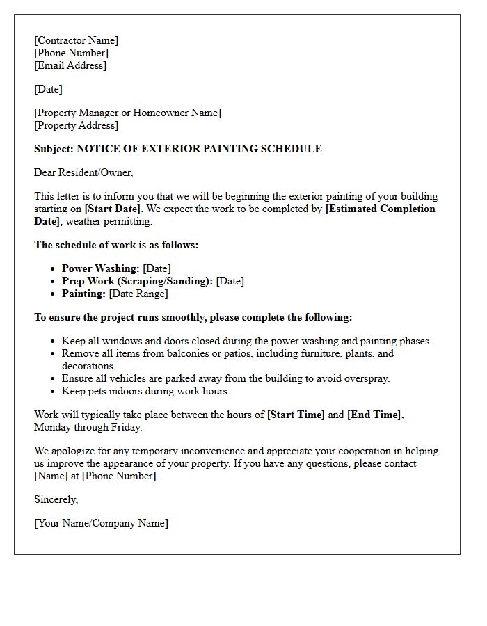 Contractor Exterior Building Painting Schedule Letter