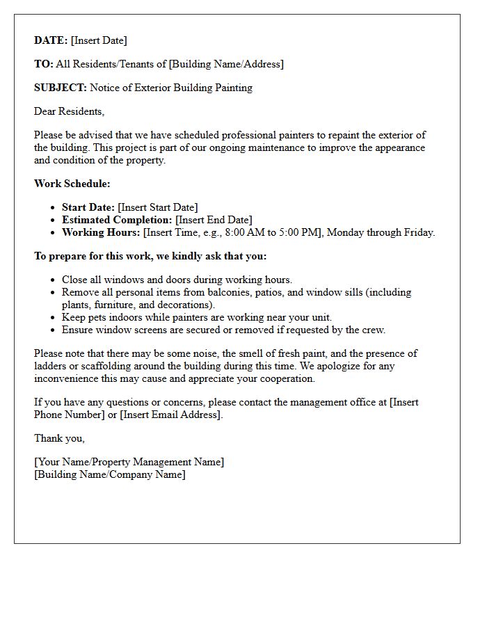 Notice of Exterior Building Painting Schedule Letter