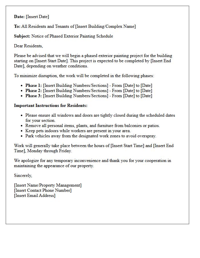 Phased Exterior Building Painting Schedule Letter