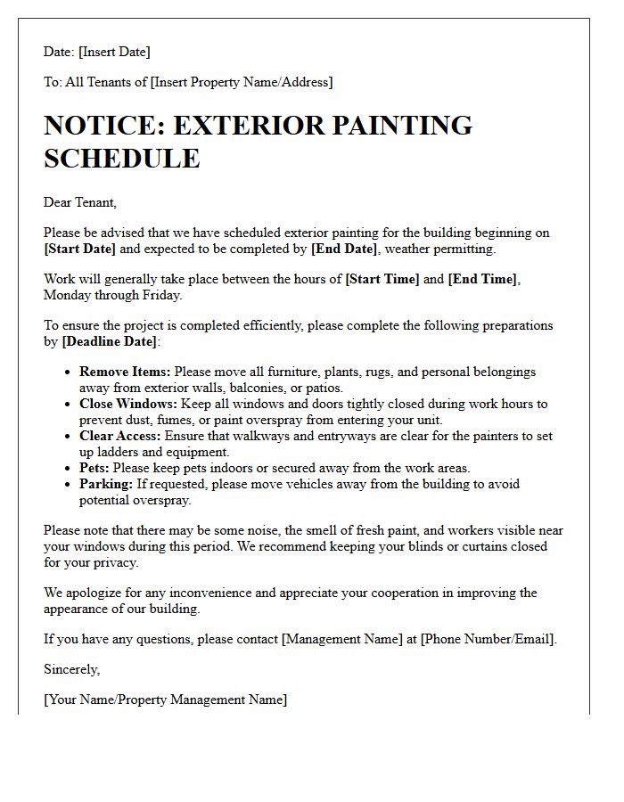 Tenant Preparation for Exterior Painting Schedule Letter