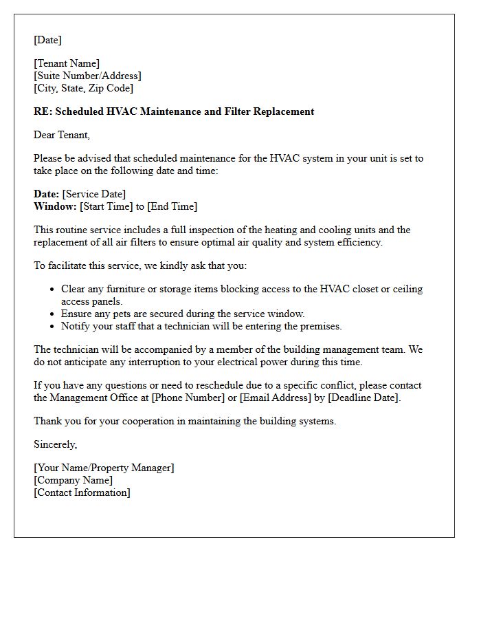 Commercial Property HVAC Filter Service Letter