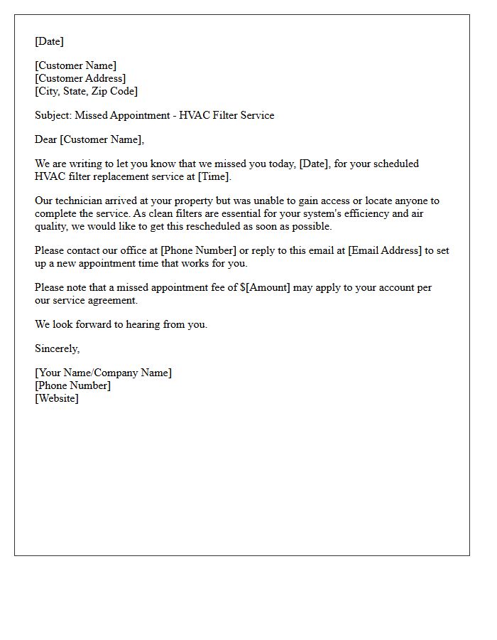 Missed Appointment Letter for HVAC Filter Service