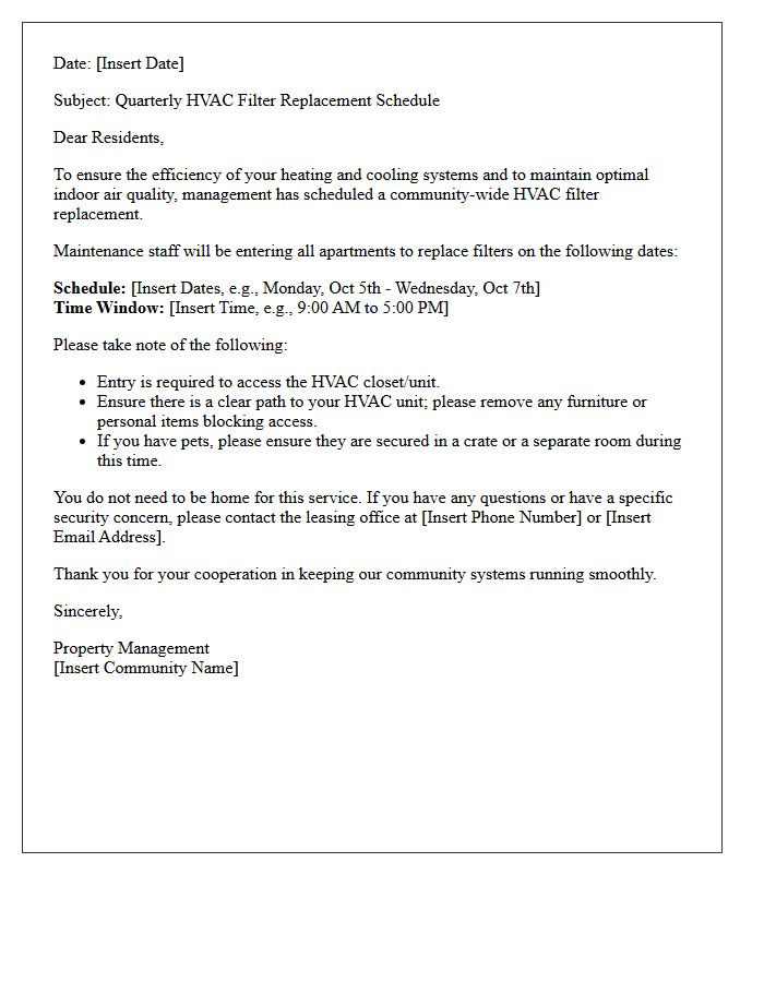 Multi-Family Community HVAC Filter Schedule Letter