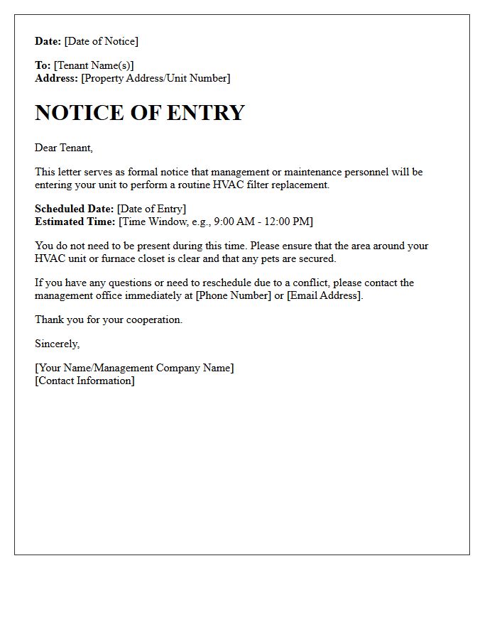 Notice of Entry Letter for HVAC Filter Replacement