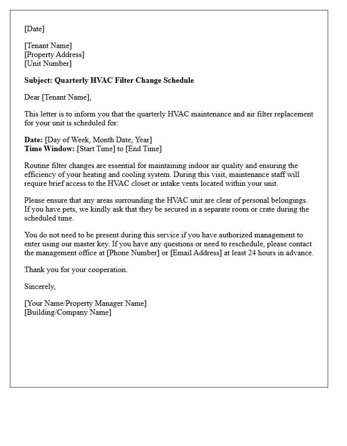Quarterly HVAC Filter Change Schedule Letter