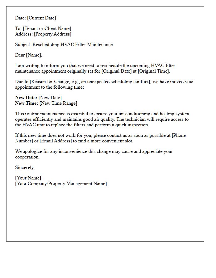 Rescheduling Letter for HVAC Filter Maintenance