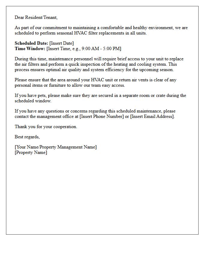 Seasonal HVAC Filter Replacement Announcement Letter