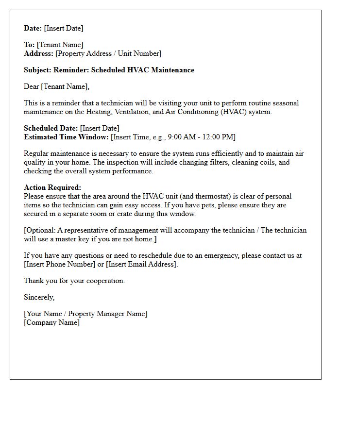 Tenant Reminder Letter for Scheduled HVAC Maintenance