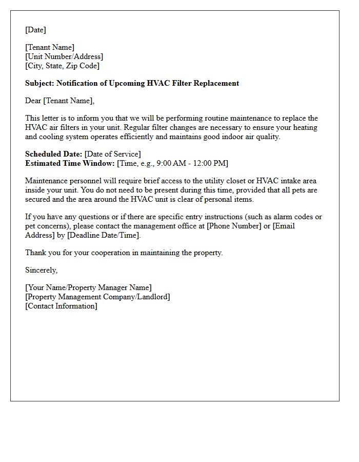 Upcoming HVAC Filter Replacement Notification Letter