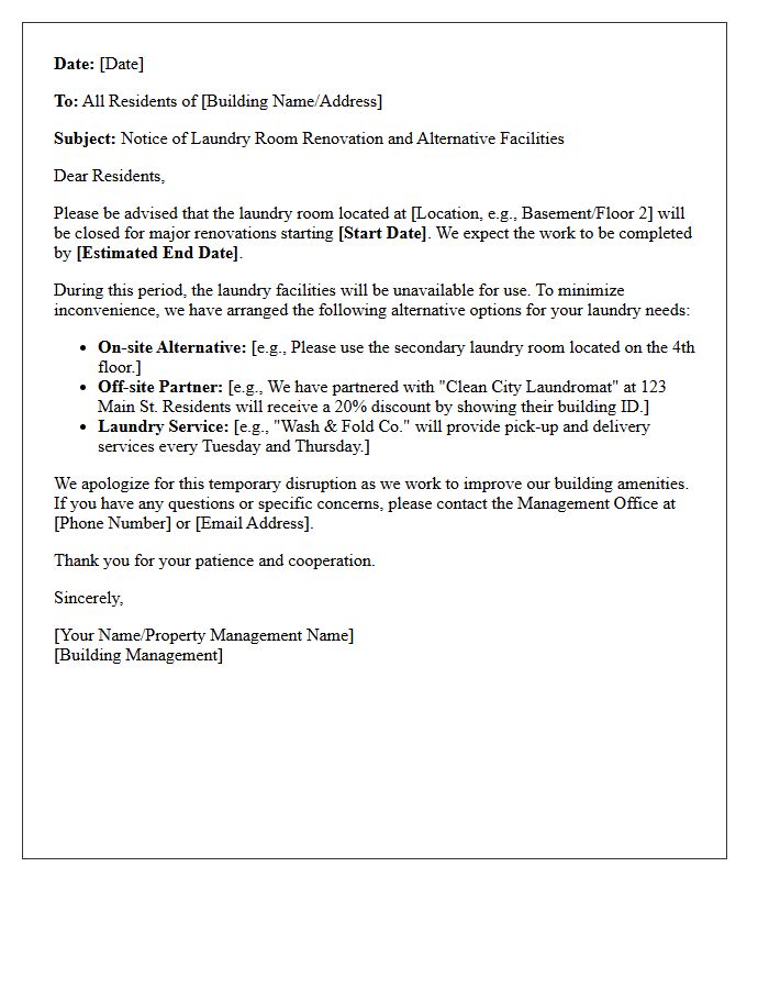 Alternative Facilities Notice During Laundry Room Renovation Letter