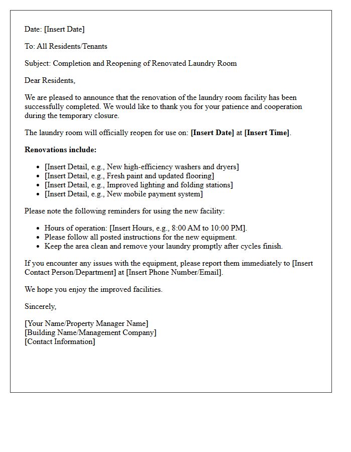 Completion and Reopening of Renovated Laundry Room Facility Letter