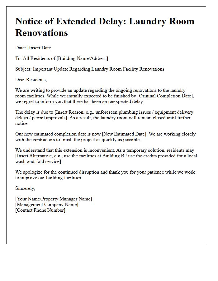 Extended Delay Notice for Laundry Room Facility Renovation Letter