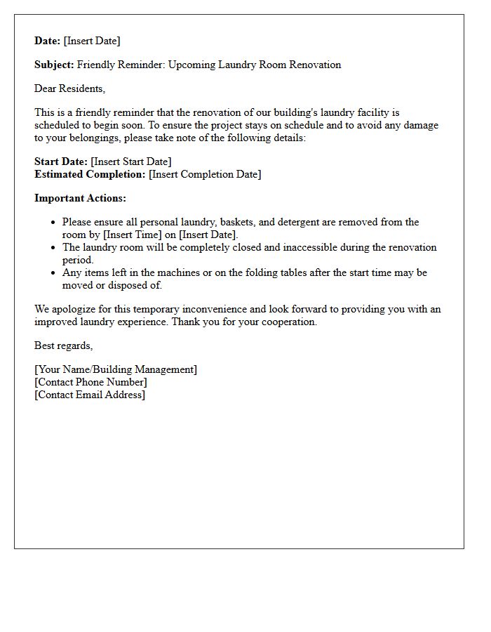 Friendly Reminder Letter for Laundry Room Facility Renovation