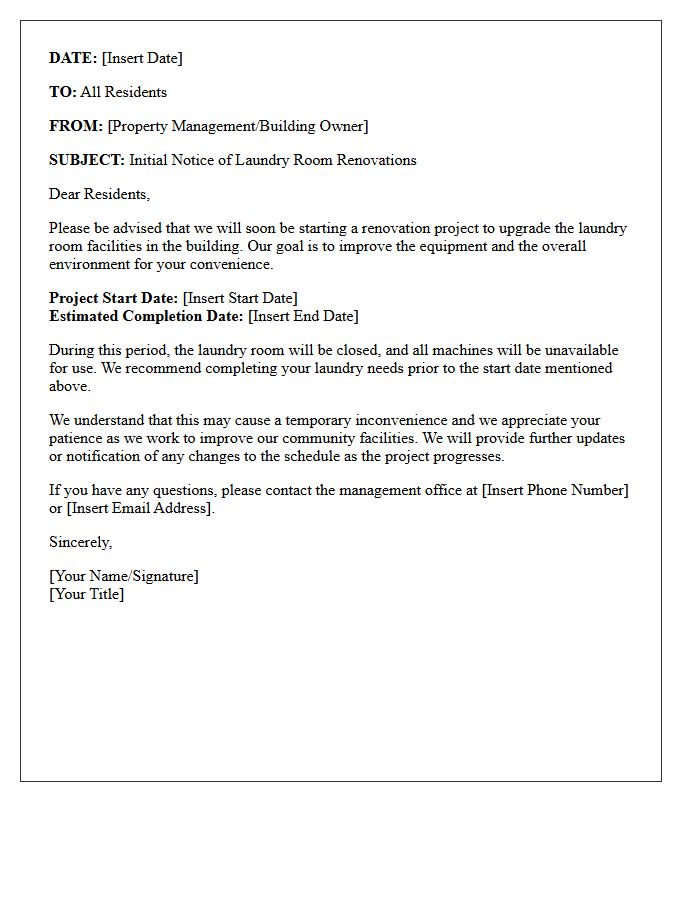 Initial Notice of Laundry Room Facility Renovation Letter