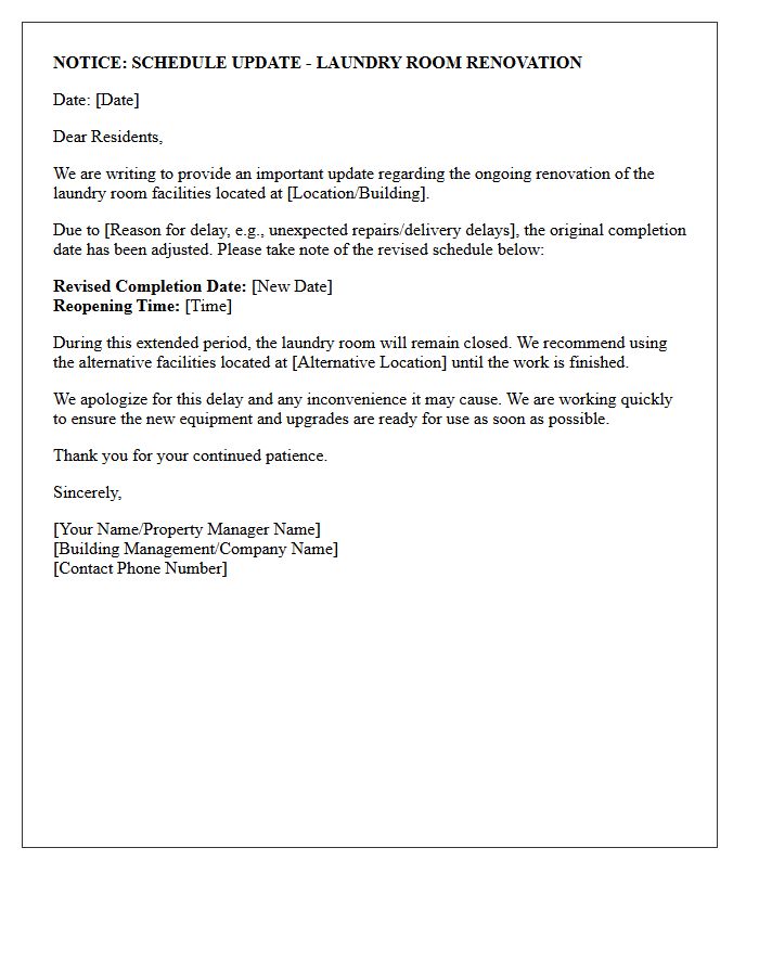 Schedule Update for Laundry Room Facility Renovation Letter
