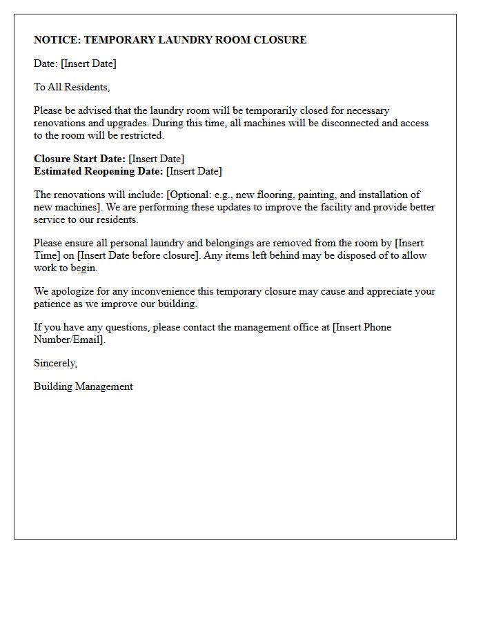 Temporary Closure for Laundry Room Renovation Letter