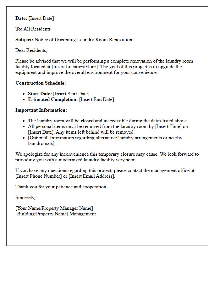 Upcoming Laundry Room Facility Renovation Announcement Letter