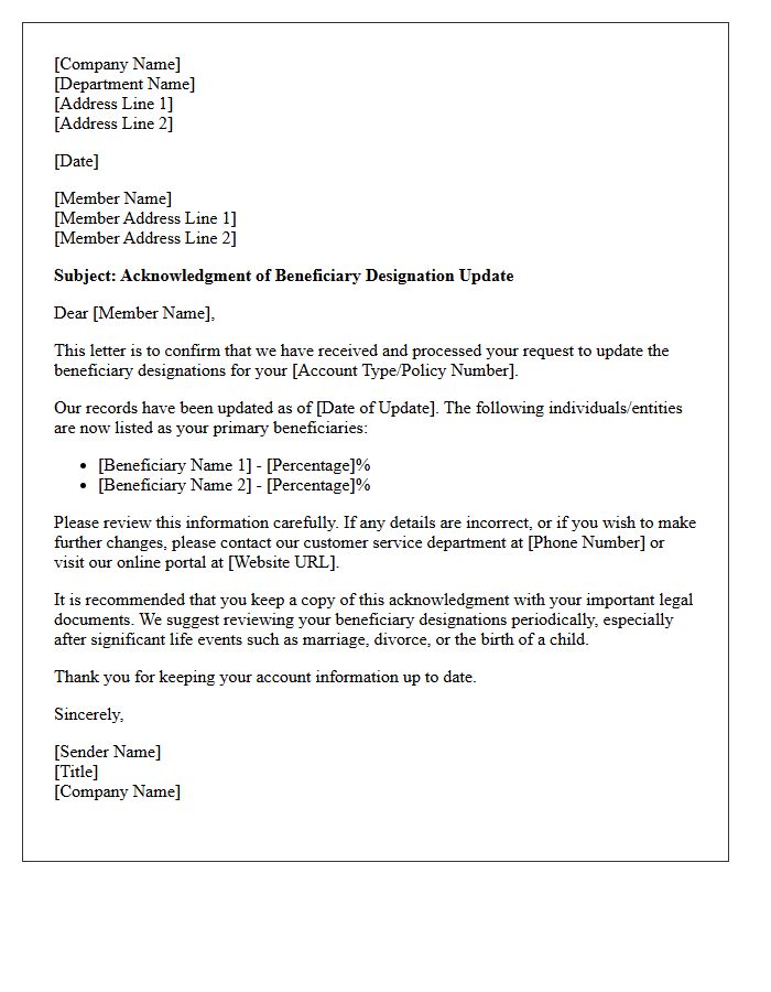 Beneficiary Update Acknowledgment Letter