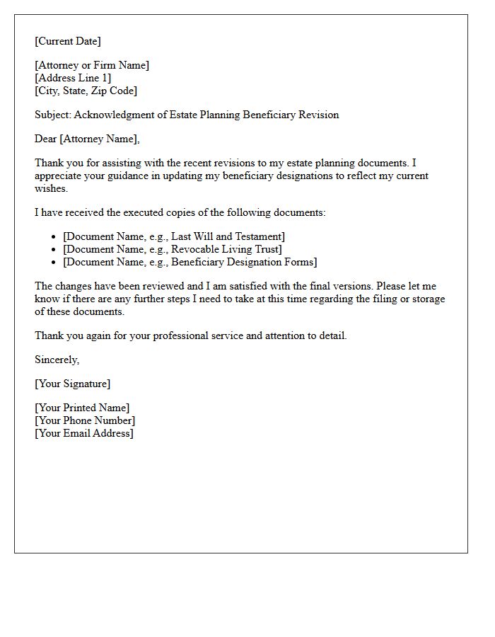Estate Planning Beneficiary Revision Thank You Letter