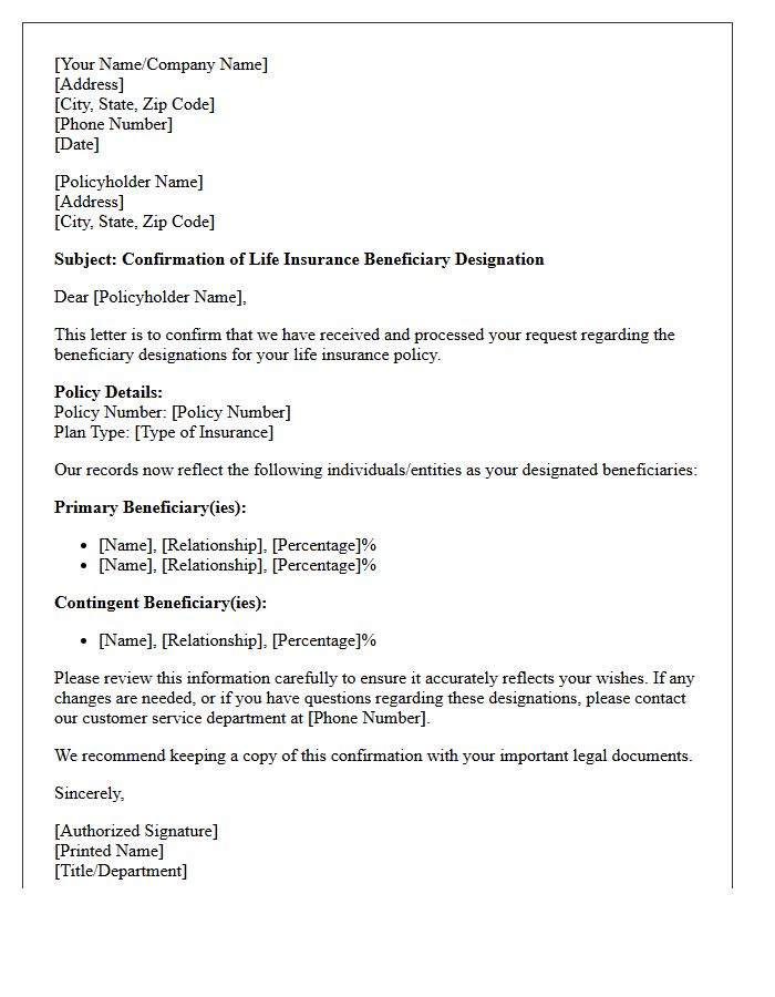 Life Insurance Beneficiary Confirmation Letter