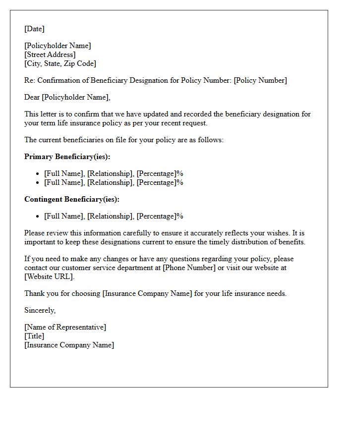 Term Life Policy Beneficiary Confirmation Letter