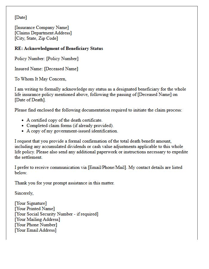 Whole Life Insurance Beneficiary Acknowledgment Letter