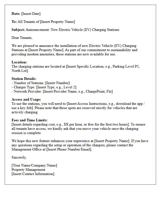 Commercial Tenant Announcement Letter for Electric Vehicle Charging Stations