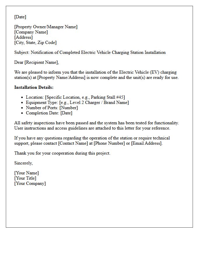 Completed Electric Vehicle Charging Station Installation Notification Letter