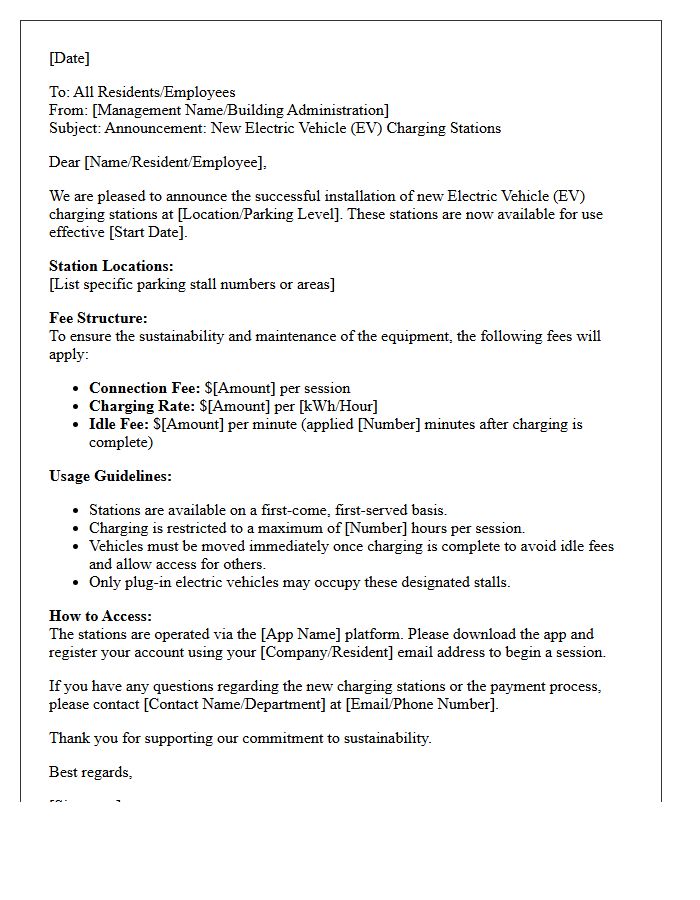 Electric Vehicle Charging Station Installation and Fee Structure Announcement Letter
