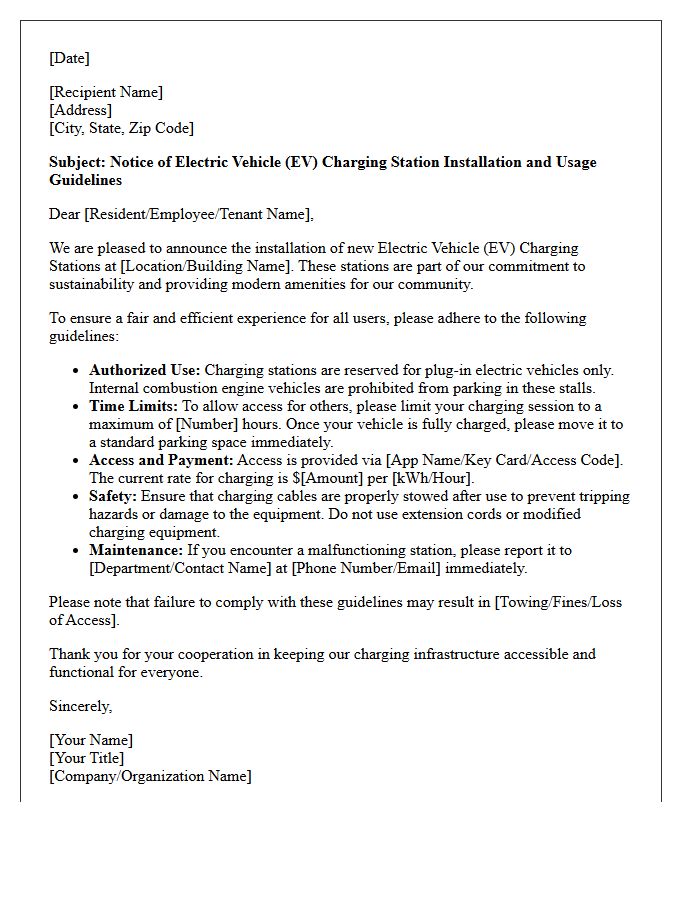 Electric Vehicle Charging Station Installation and Usage Guidelines Letter
