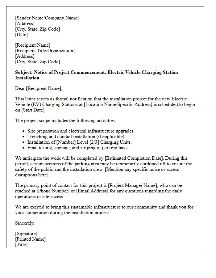 Electric Vehicle Charging Station Installation Project Commencement Letter