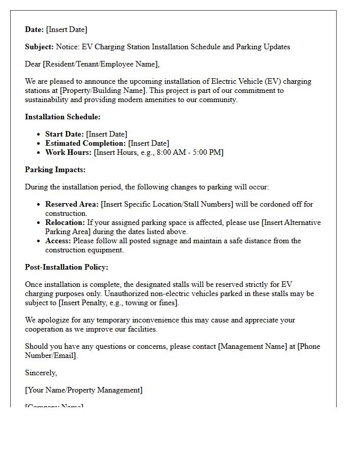 Electric Vehicle Charging Station Installation Schedule and Parking Update Letter