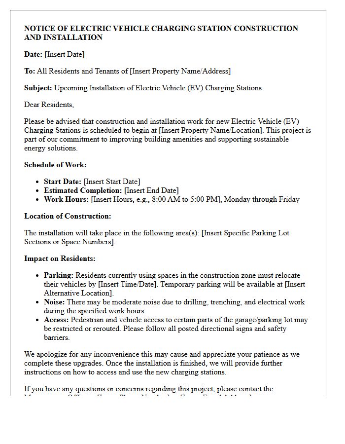 Notice Letter for Electric Vehicle Charging Station Construction and Installation