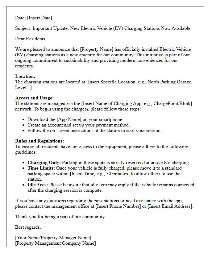 Property Management Letter Announcing Electric Vehicle Charging Station Amenities