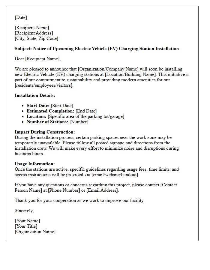 Upcoming Electric Vehicle Charging Station Installation Announcement Letter