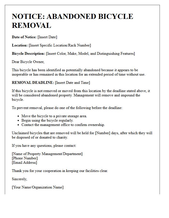 Abandoned Bicycle Removal Notice Letter
