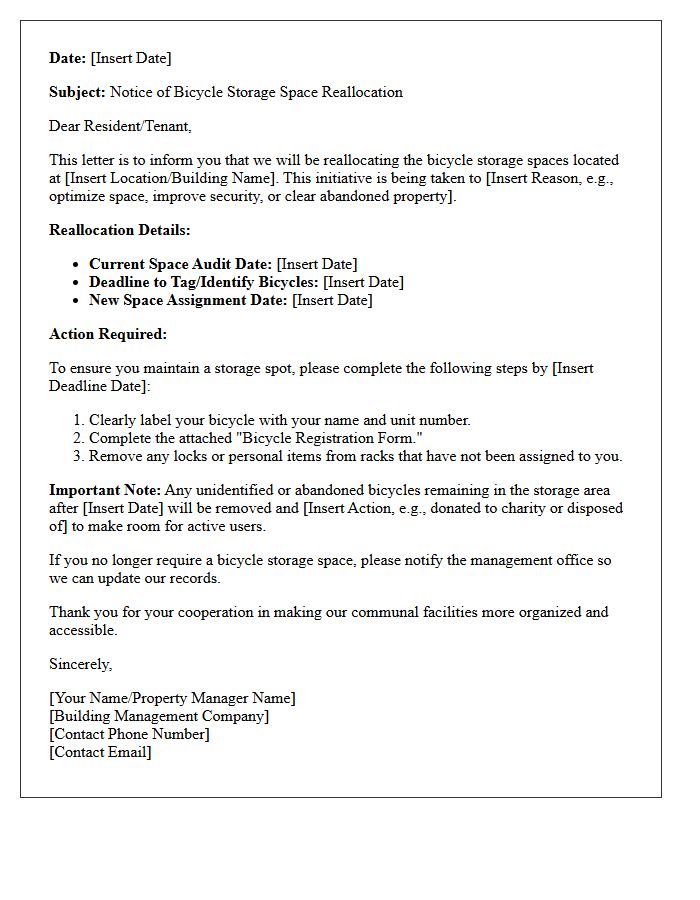 Bicycle Storage Space Reallocation Notice Letter