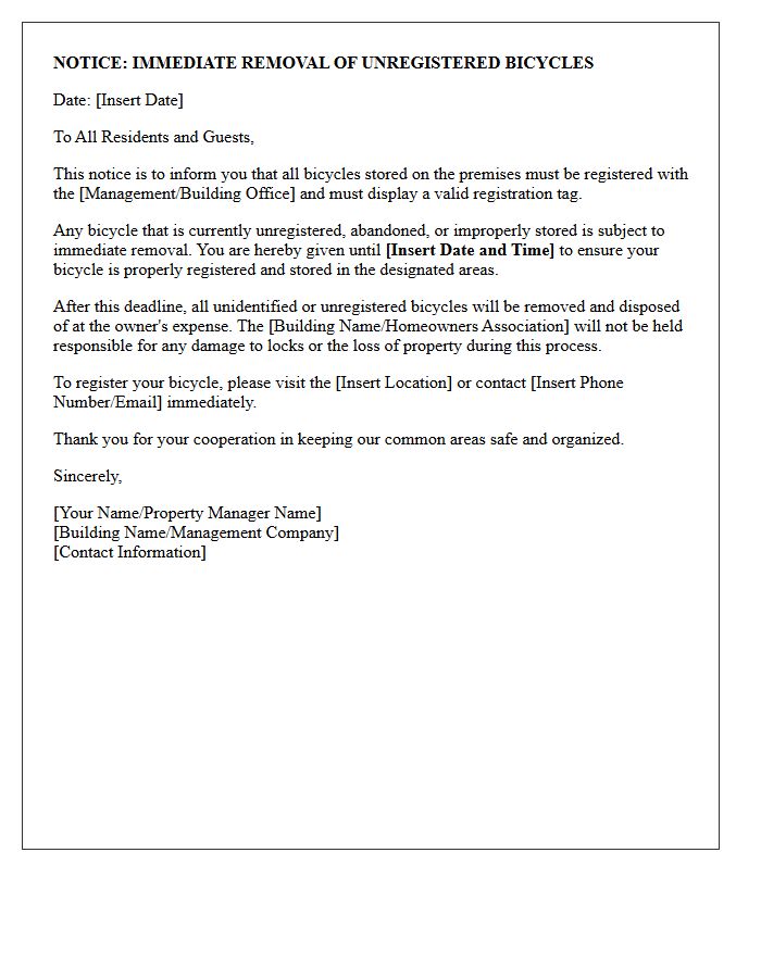 Immediate Removal of Unregistered Bicycles Letter