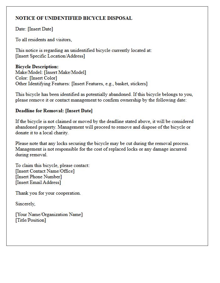 Notice of Unidentified Bicycle Disposal Letter