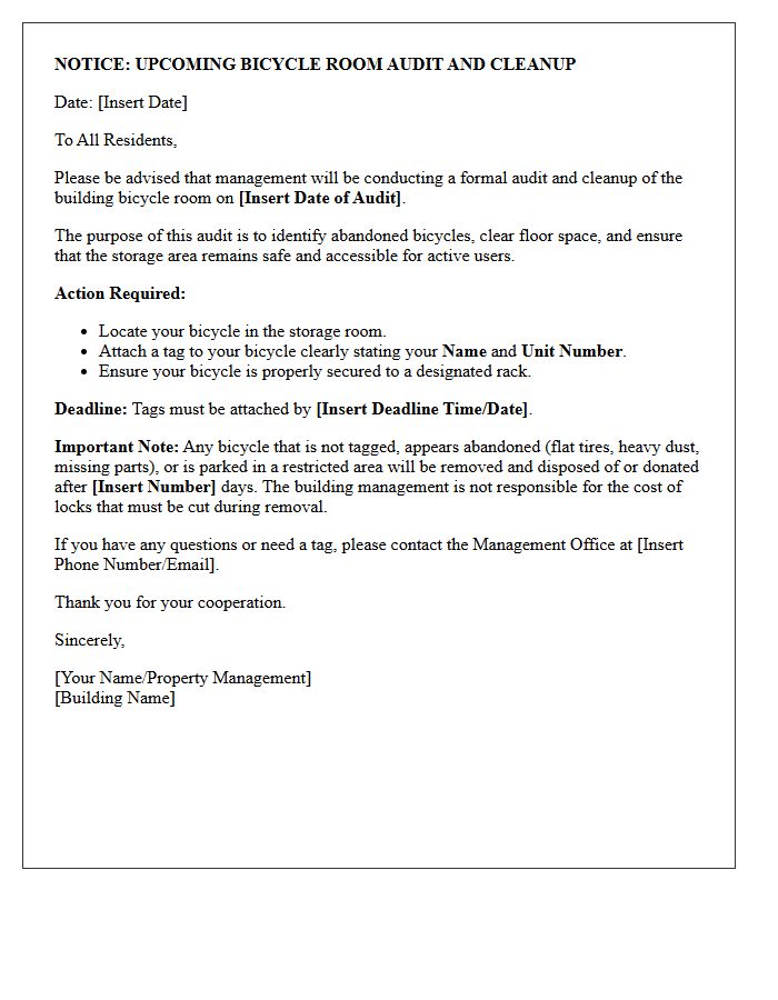 Upcoming Bicycle Room Audit and Cleanup Letter