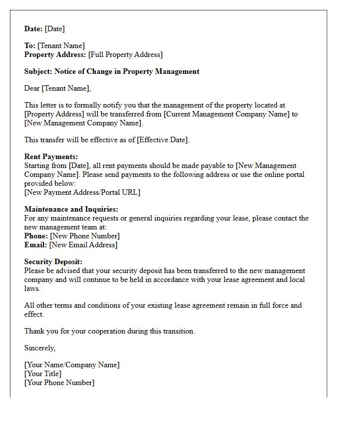 Notice of Property Management Transfer Letter