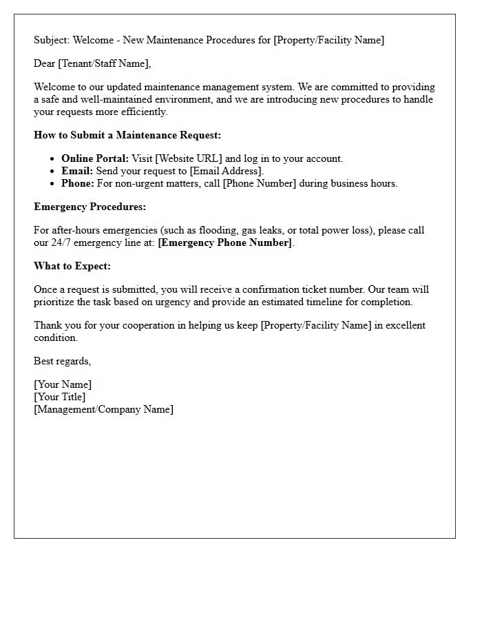 Maintenance Procedure Welcome Letter