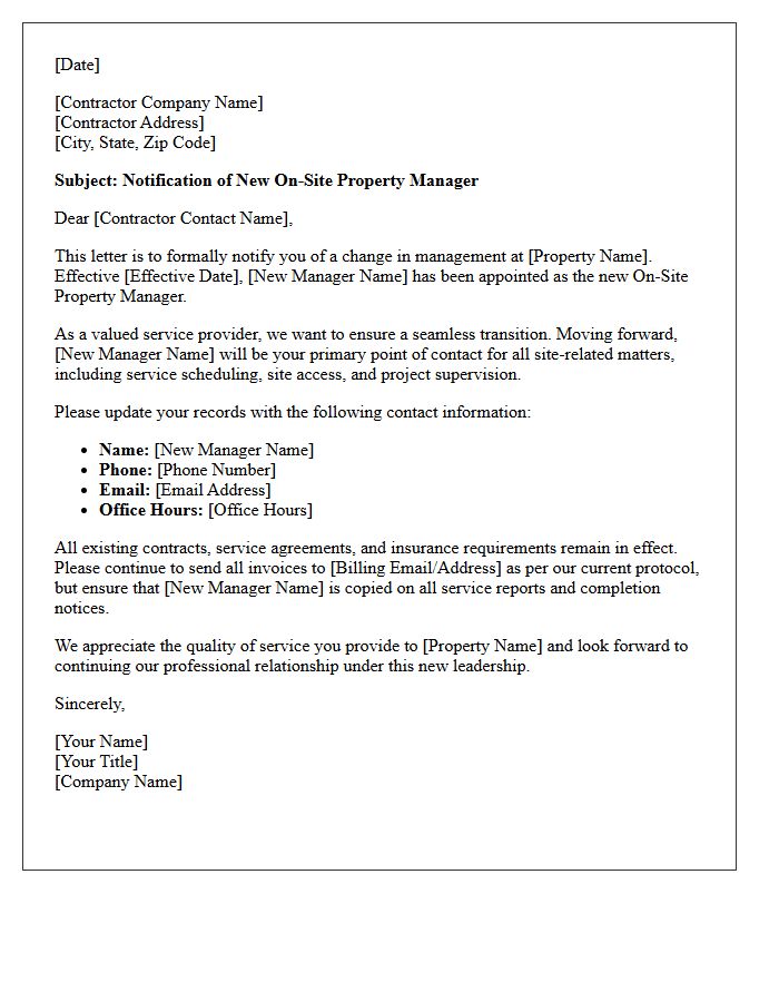 Business Transition Letter to Service Contractors Introducing the New On-Site Property Manager