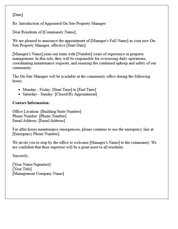 Community Update Letter Introducing the Appointed On-Site Property Manager