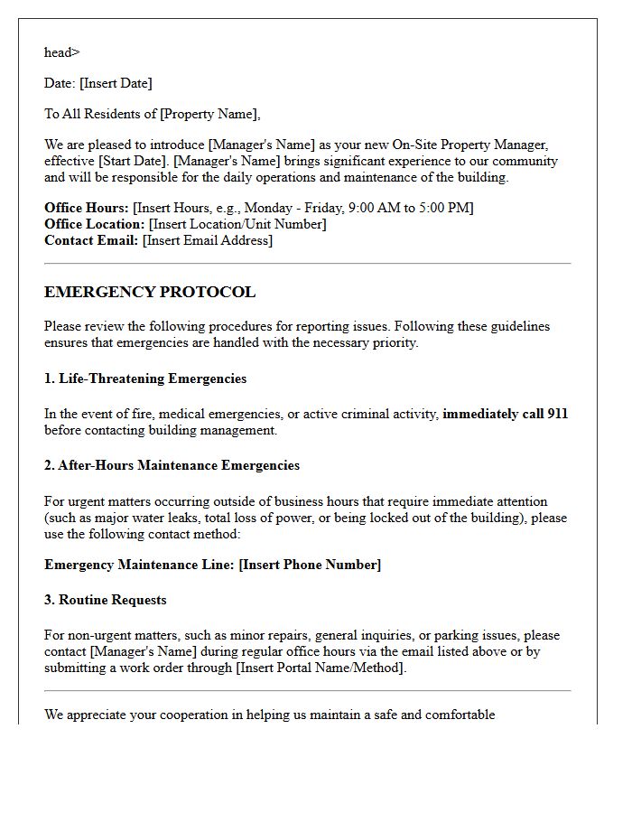 Emergency Protocol Letter Accompanying New On-Site Property Manager Introduction