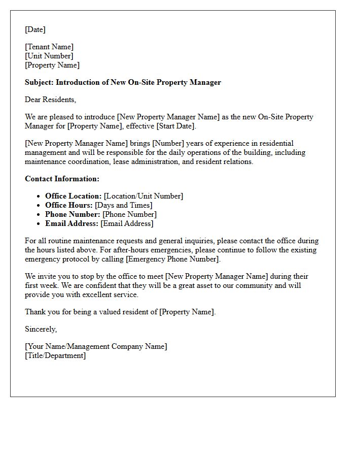 Formal Introduction Letter to Residential Tenants for New On-Site Property Manager