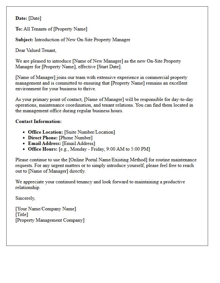 Friendly Introduction Letter to Commercial Tenants Regarding New On-Site Property Manager
