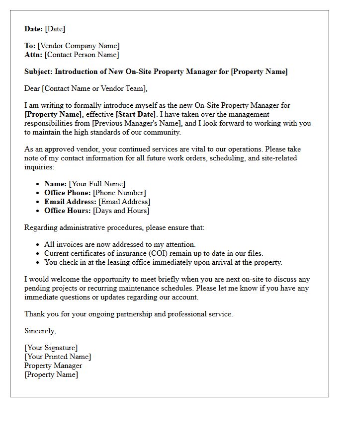 Introductory Contact Letter From New On-Site Property Manager to Approved Vendors