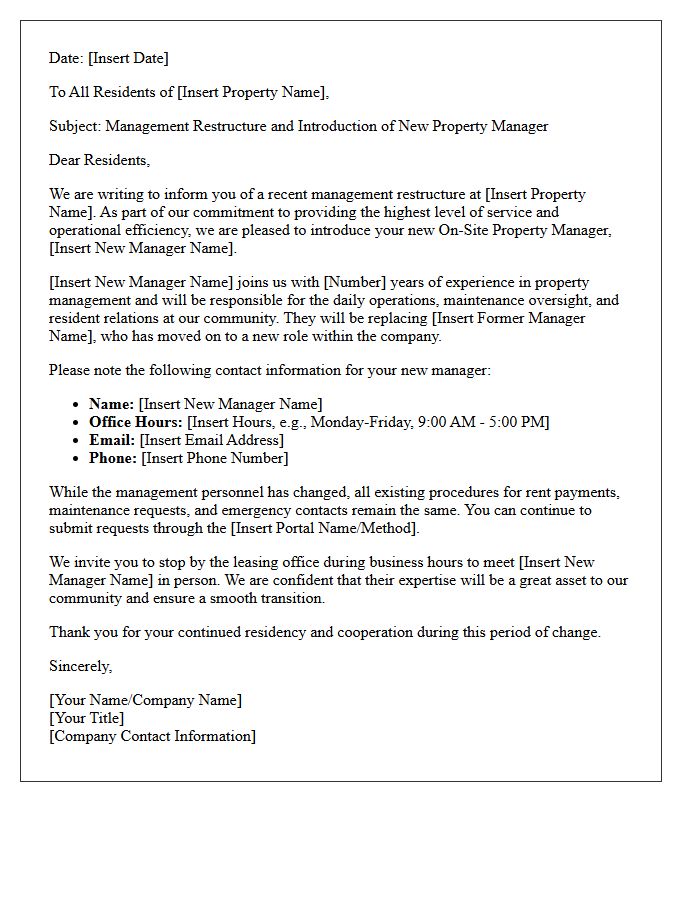 Management Restructure Letter Introducing the Replacement On-Site Property Manager