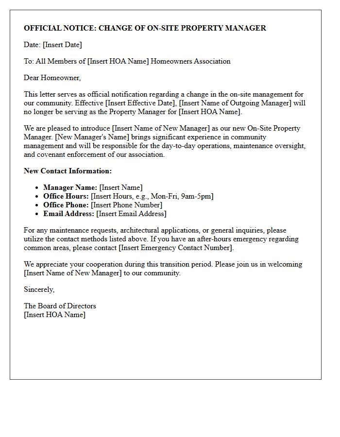 Official Notice Letter of On-Site Property Manager Change for Homeowner Association Members